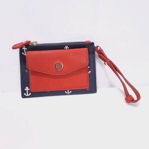 Tommy Hilfiger Anchor Print Zip Coin Purse Wallet Wristlet Card Holder Navy Red